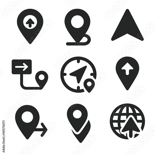 Travel Direction Icons. Solid style icons of location and direction blend: arrow inside pin, pin with route tail, arrowhead GPS