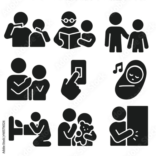 Bedtime Routine Icons. Solid style icons of bedtime and evening routines: brushing teeth together, reading bedtime book, changing