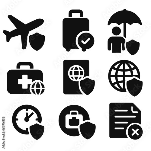 Travel Insurance Icons. Solid style icons of travel insurance: airplane with shield, suitcase with checkmark, traveler under