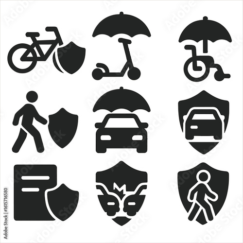 Transport Safety Icons. Solid style icons of mobility and transport protection: bike with shield, scooter under umbrella,
