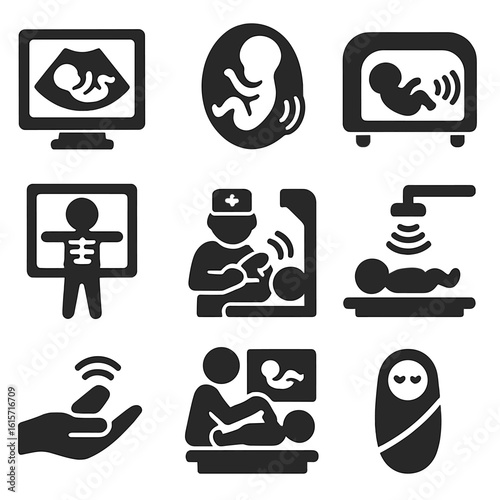 Pediatric Scanning Icons. Solid style icons of pediatric and neonatal scanning: baby in ultrasound scan, fetal imaging icon,