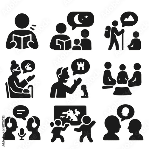 Storytelling Icons. Solid style icons of storytelling and narrative sharing: person reading aloud, family story moment, traveler