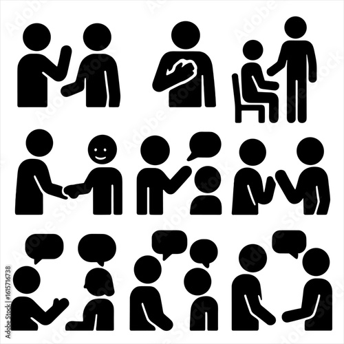 Social Etiquette Icons. Solid style icons of social etiquette in dialogue: polite greeting icon, hand-over-heart respect gesture,