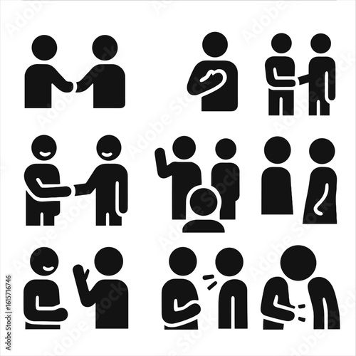 Social Etiquette Icons. Solid style icons of social etiquette in dialogue: polite greeting icon, hand-over-heart respect gesture,