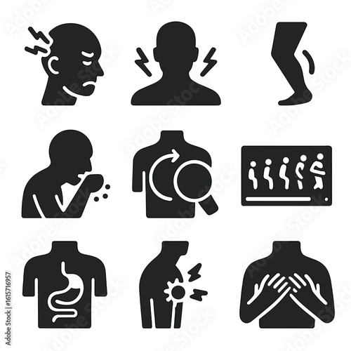 Chronic Conditions Icons. Solid style icons of chronic conditions and lingering discomfort: migraine head with pulse lines, stiff