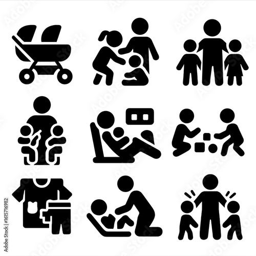 Multi-Child Parenting Icons. Solid style icons of multi-child parenting: twin stroller icon, toddler helping baby, parent with two
