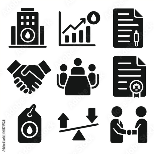Financial Icons Collection. Solid style icons of financial and business aspects: oil company building, energy investment graph,