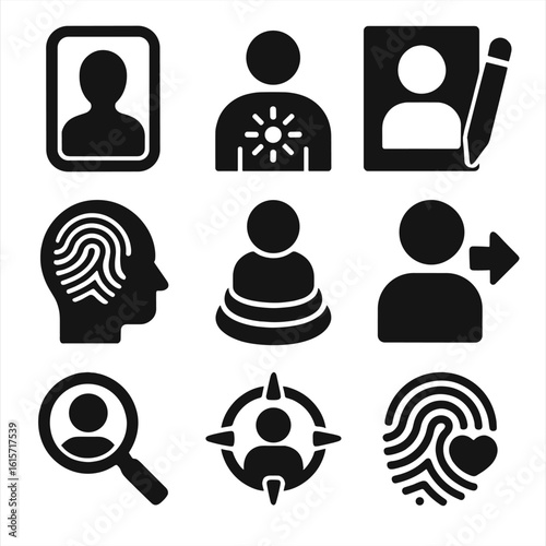 Introspective Self Icons. Solid style icons of self-identity and introspection: mirror with silhouette, person with light inside,