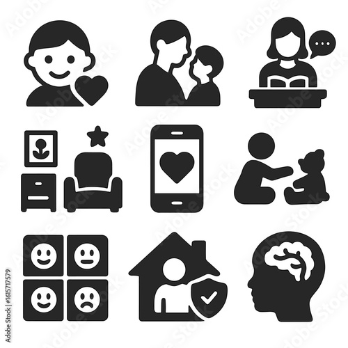 Youth Mental Health Icons. Solid style icons of youth mental health: child with smile and heart, parent and child bonding icon,