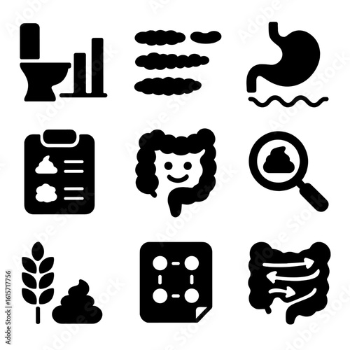 Bowel Movement Icons. Solid style icons of bowel movement tracking: toilet icon with chart, stool consistency scale, digestive