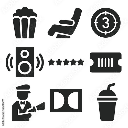 Cinema Icons Collection. Solid style icons of cinema experience: popcorn bucket icon, reclining seat, movie start countdown,