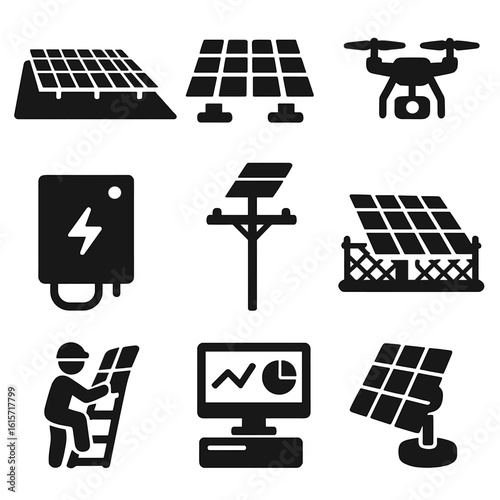 Solar Farm Equipment Icons. Solid style icons of solar farm equipment: wide solar field, rows of solar panels, maintenance drone,
