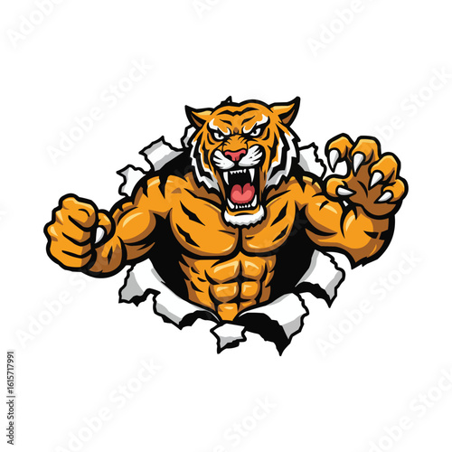 Fierce Tiger Mascot Bursting Through Wall