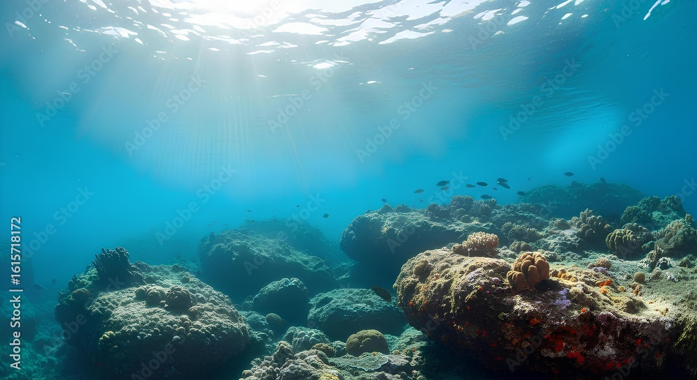 Fototapeta premium Sunlight streams through the ocean surface, illuminating a serene and rocky underwater seascape with small fish.