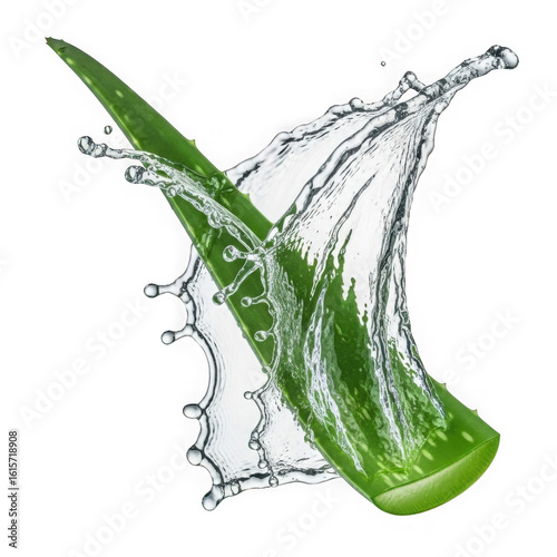 Vibrant green aloe vera leaf splashing through clear water isolated on transparent background