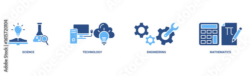 STEM banner web icon vector illustration concept for science, technology, engineering, mathematics education with icon of flask, microscope, artificial intelligence, processor, machine, and calculator