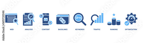 SEO banner web icon vector illustration concept for search engine optimization with icon of website, analysis, content, backlinks, keywords, traffic, ranking, and optimization