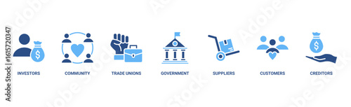 Stakeholder relationship banner web icon vector illustration concept for stakeholder, investor, government, and creditors with icon of community, trade unions, suppliers, and customers