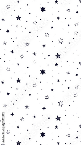 Hand drawn stars and dots scattered across a white background creating a celestial pattern design element