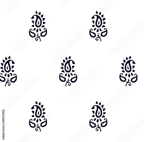 Repeating paisley motif pattern in black ink on a white background creating a simple textile design