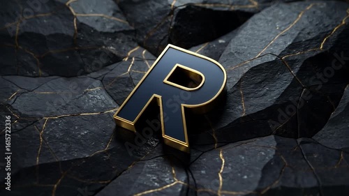 logo alphabet R with gold line 3d model on the rock smooth rotation