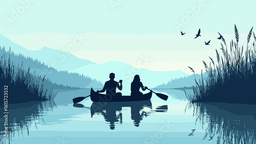 Minimalist Silhouette Canoe Scene on Serene Lake – Peaceful Nature Landscape Illustration

