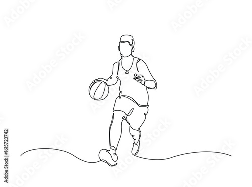 Basketball player in single outline illustration. Continuous line art drawing of basketball player dribbling the ball.