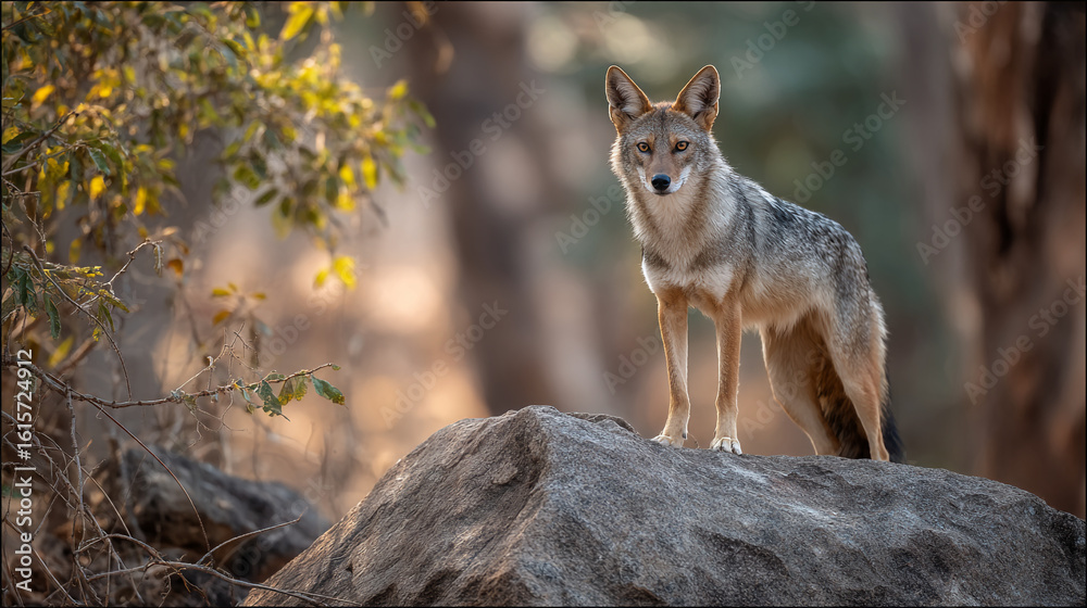 Fototapeta premium A coyote standing on a rock formation in a forest looking at the camera directly