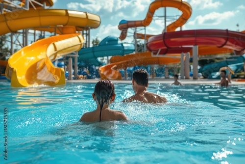 Fototapeta Naklejka Na Ścianę i Meble -  Father and daughter splash in pool at water park