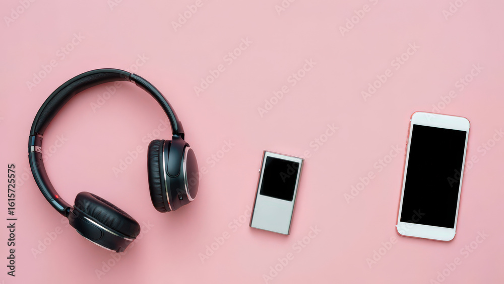 Overhead Flat Lay of Black Headphones, Silver MP3 Player, and White Smartphone on Pink Background for Audio Entertainment and Mobile Technology Overhead Flat Lay of Black Headphones, Silver MP3 Player, and White Smartphone on Pink Background for Audio Entertainment and Mobile Technology