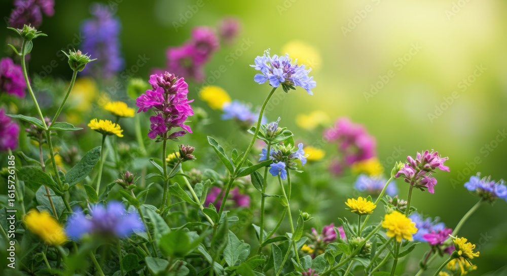 Naklejka premium Macro of wildflowers in different colors – Colorful wildflower background – Simple and natural