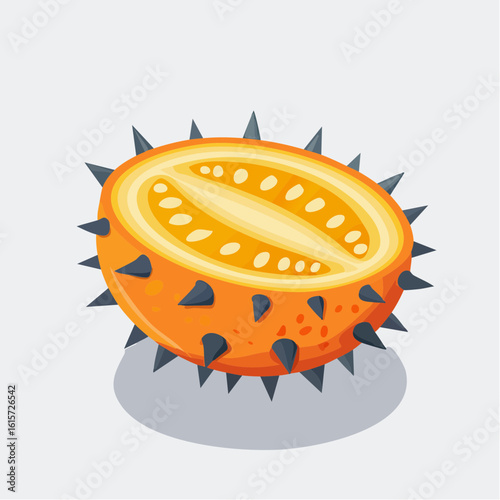 Detailed illustration of a sliced kiwano melon exposing its vibrant interior and spiky exterior