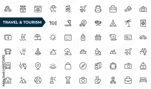 Travel and tourism outline icons set. Travel, hotel, holiday, tourism, beach, plane, map, agent and insurance. Booking, reservation, room, airport, accommodation.