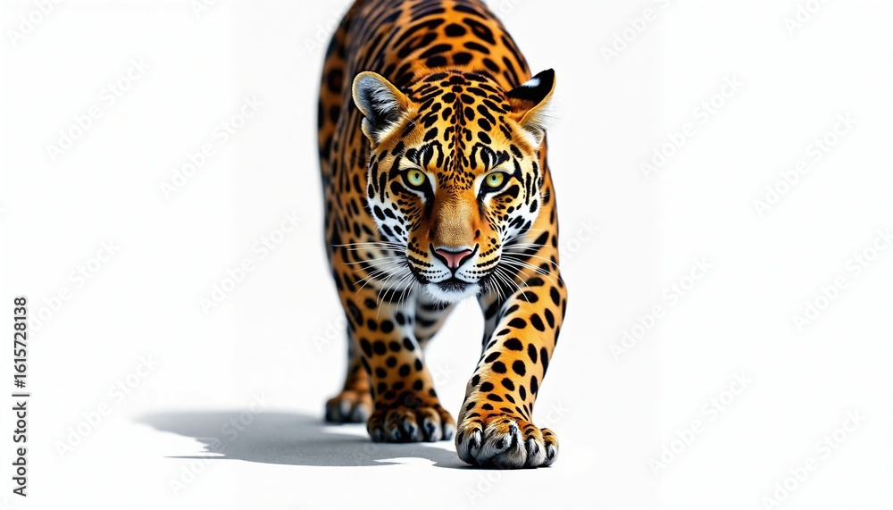 Obraz premium A majestic jaguar strides forward, its eyes piercing through the stark white background.