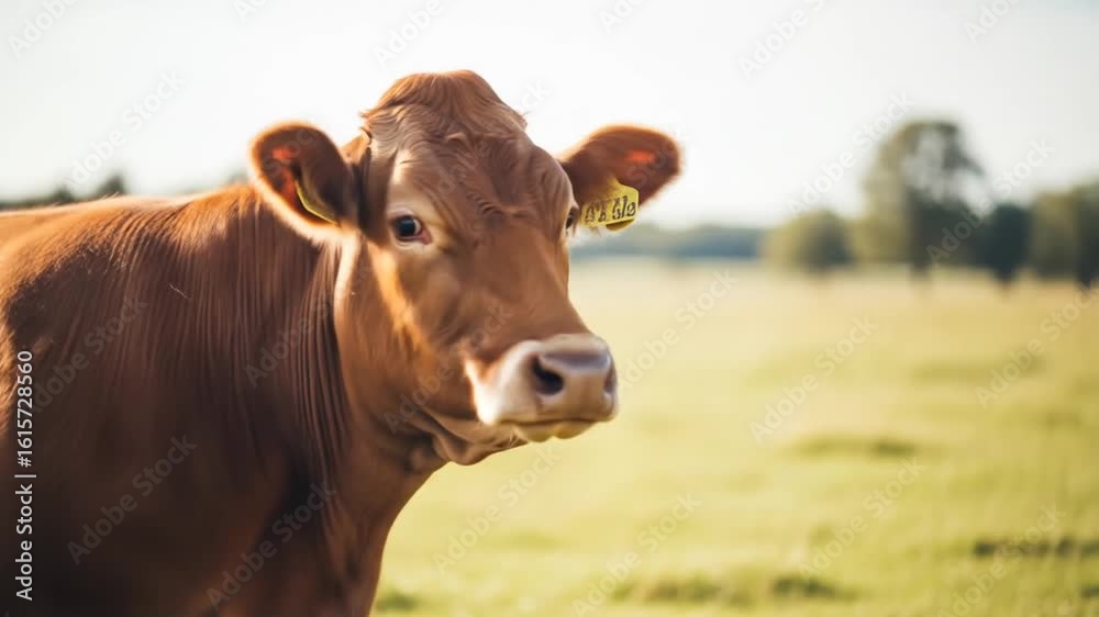 Majestic Brown Dairy Cow Standing Peacefully in a Sun-Drenched Green Pasture Majestic Brown Dairy Cow Standing Peacefully in a Sun-Drenched Green Pasture