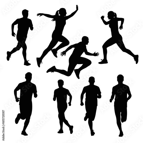 Dynamic Movements: An eye-level shot of a collection of silhouette runners in action, embodying the peak of health and physical conditioning. Capturing the essence of motion and human strength.