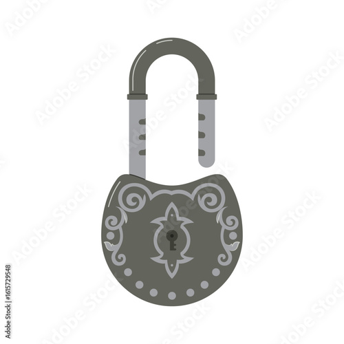 Vintage padlock illustration with ornamental details. Stylized metal lock design for fairytale, security, or steampunk-themed concepts.