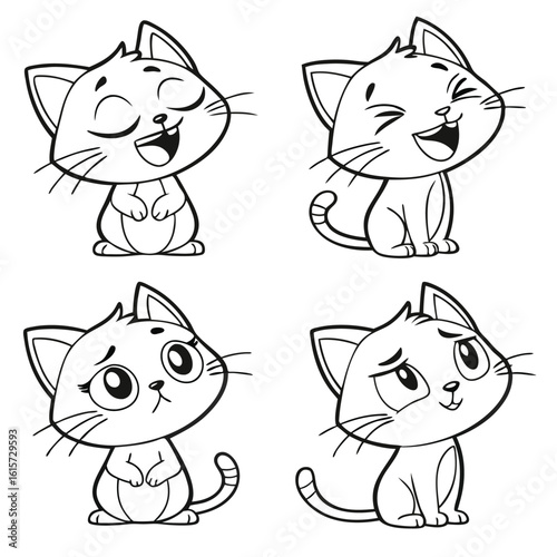 Cute cartoon cats set with different facial expressions happy sad surprised and thoughtful emotions vector illustration isolated on white background