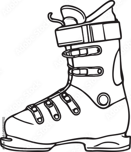 Detailed Black And White Line Drawing Of A Modern Downhill Alpine Skiing Boot Side View