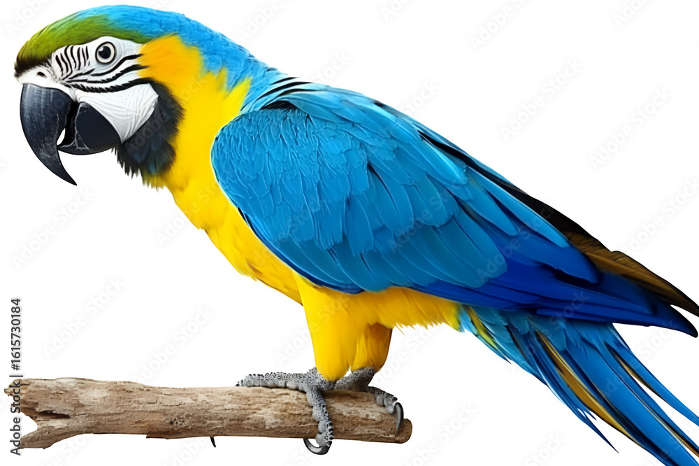 Fototapeta premium Vibrant blue and yellow macaw parrot perched on a branch isolated on transparent background