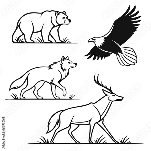 Set of wild animals including bear wolf eagle and deer black and white vector illustration isolated on white background