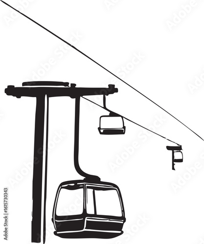 Isolated Artistic Rendition of a Gondola Lift System Against a Clean White Backdrop