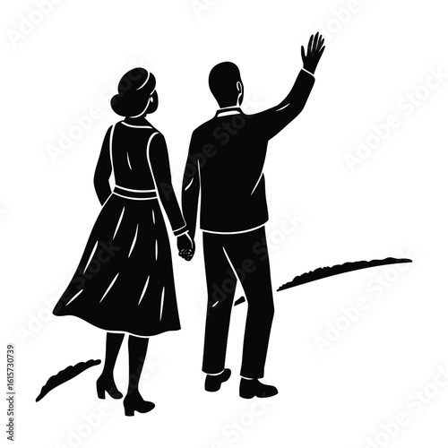 Couple holding hands and waving goodbye