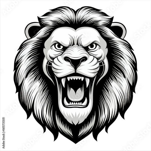 Roaring Lion Head Vector Illustration - Fierce Black and White Lion Mascot
