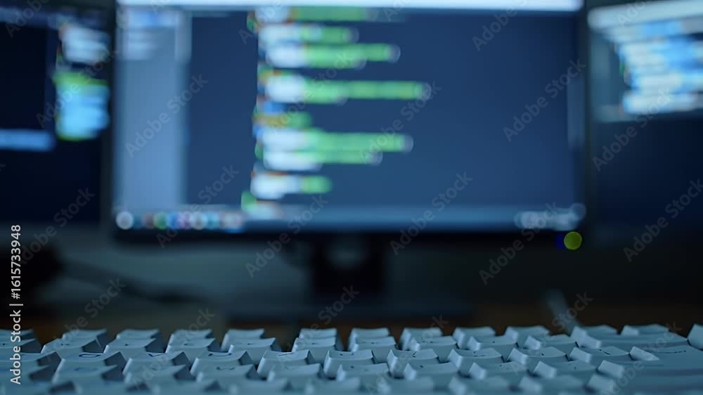 Close-up of a computer keyboard and monitor with coding on screen, in dark office environment, emphasizing programming, technology, cyber security, software development, and IT work