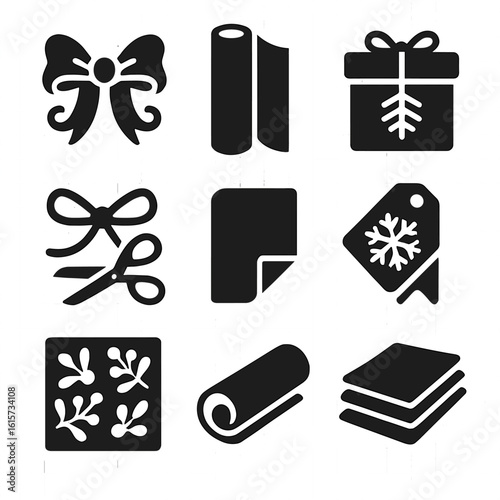 Festive Packaging Icons. Solid style icons of festive packaging and ribbon designs: bow with flourish, gift wrap roll, taped