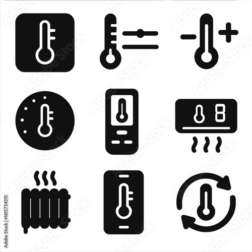 Climate Control Icons. Solid style icons of climate control interfaces with thermometers: thermostat icon, adjustable slider with