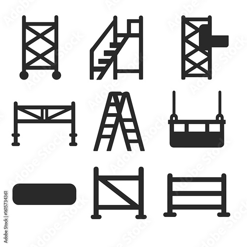 Scaffolding Icons Collection. Solid style icons of scaffolding and platforms: mobile scaffold, stair tower, mast climber, scaffold