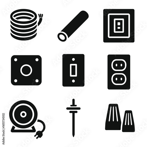 Solid Electrical Icons. Solid style icons of electrical materials: wire coil, electrical conduit, breaker box, junction box,
