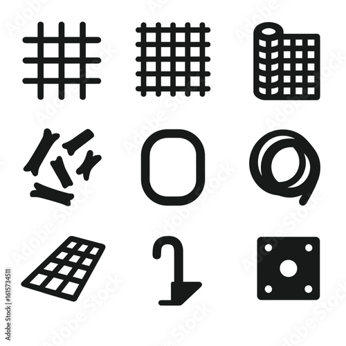 Reinforcement Material Icons. Solid style icons of reinforcement materials: rebar grid, mesh panel, wire mesh roll, fiber